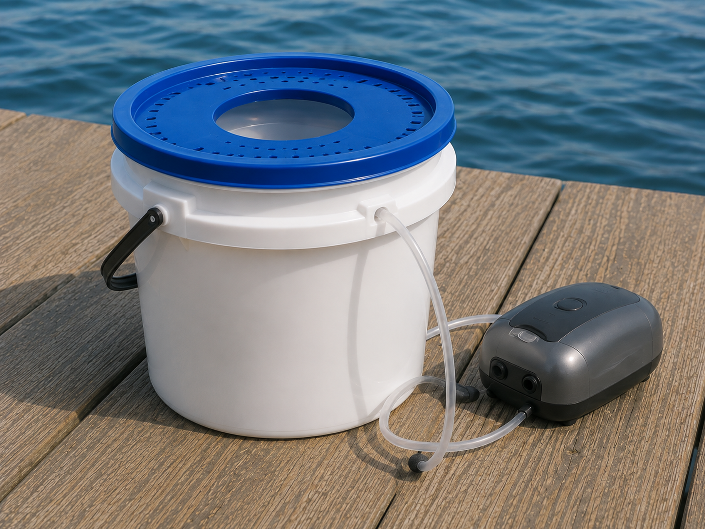 Bait bucket and aerator on a dock