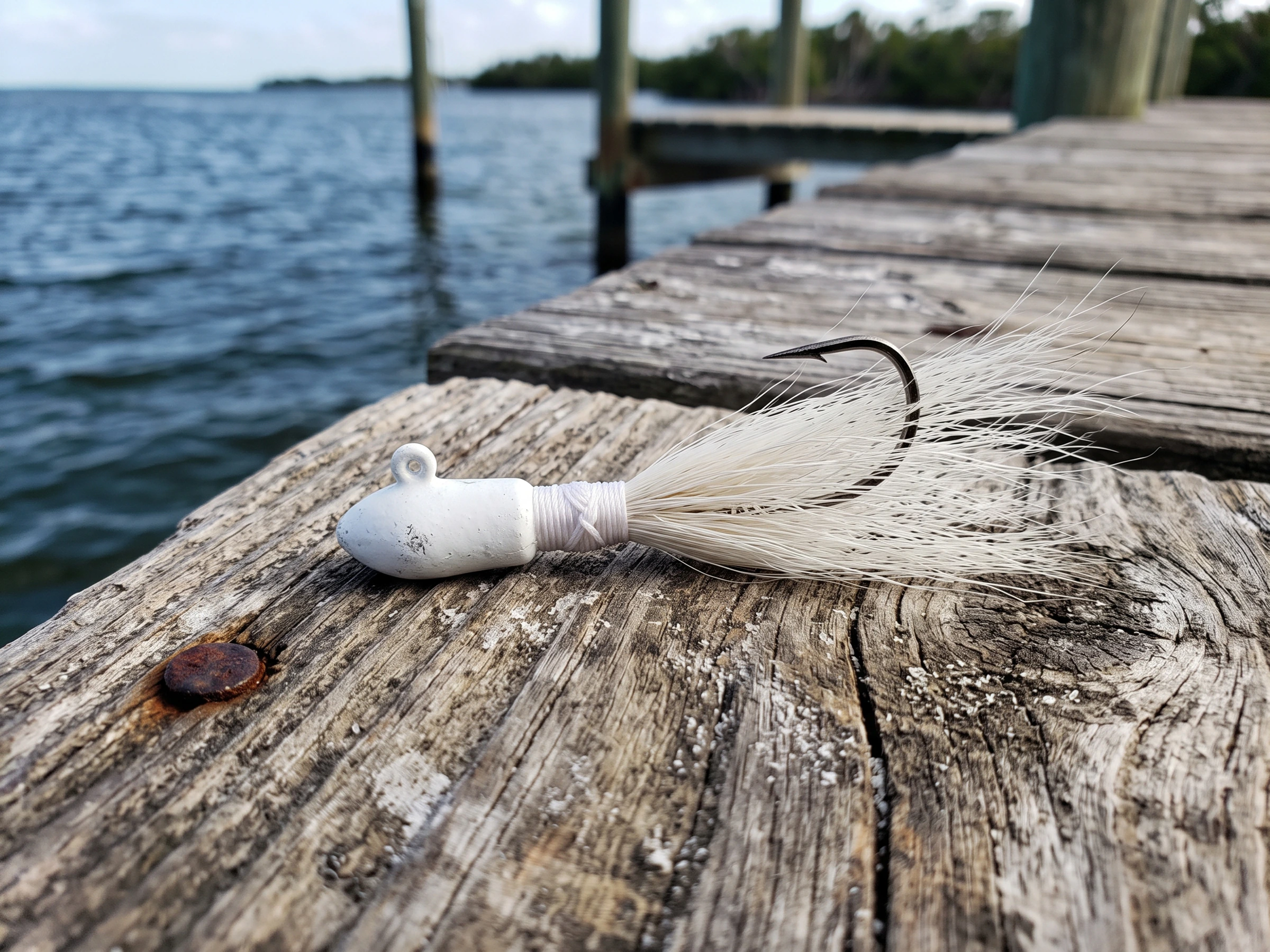 Saltwater bucktail jig on a dock