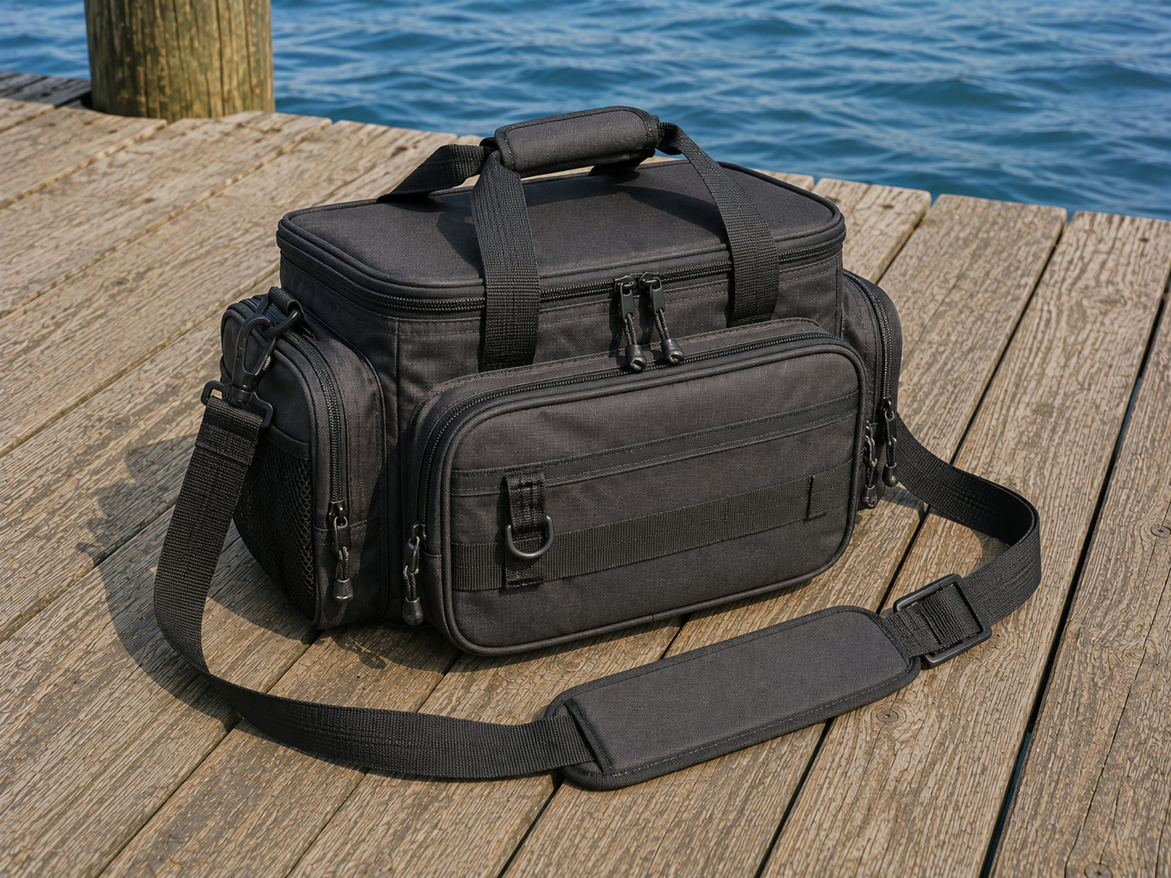 Compact inshore tackle bag on a dock