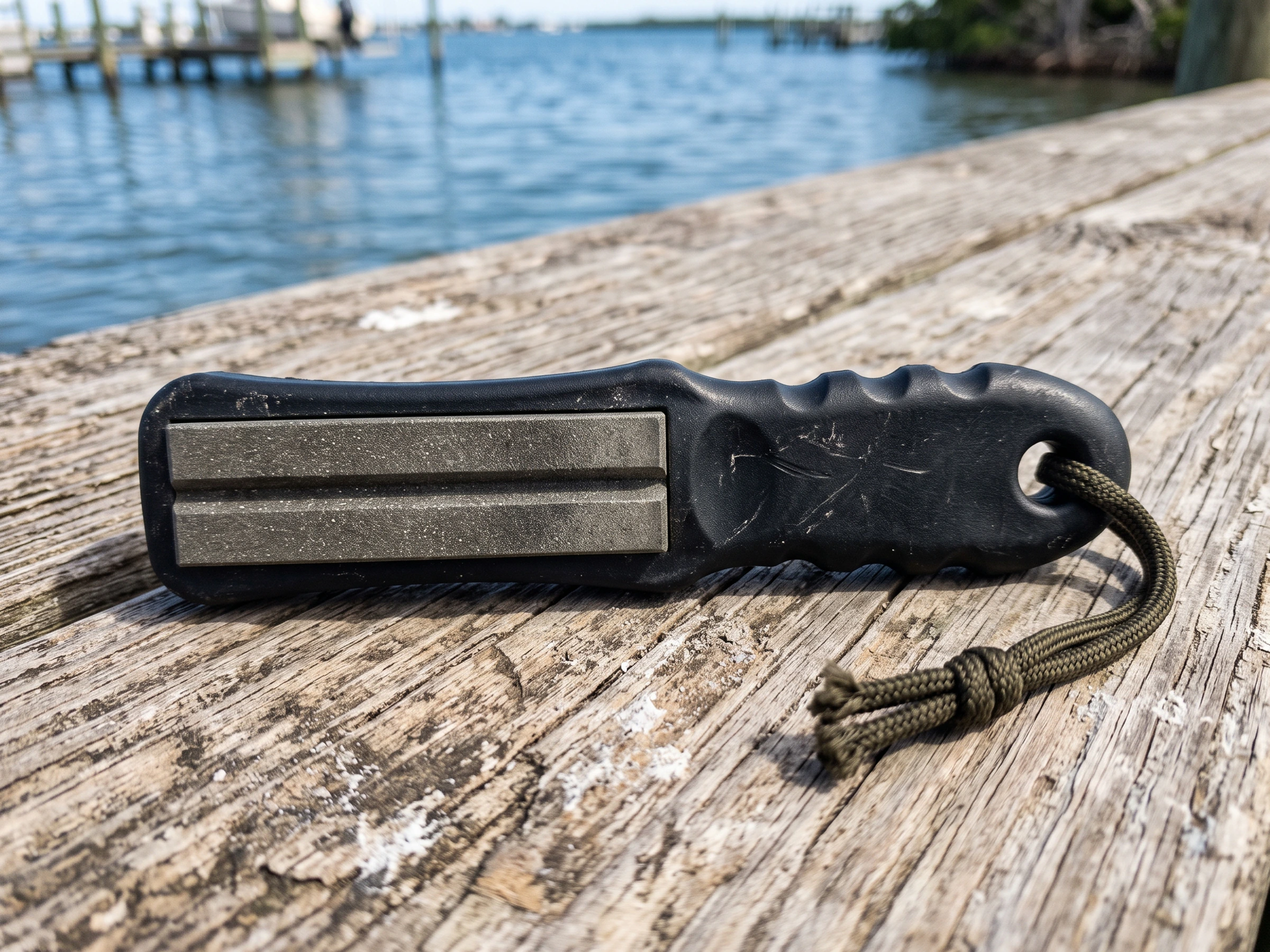 Fishing hook sharpener on a dock