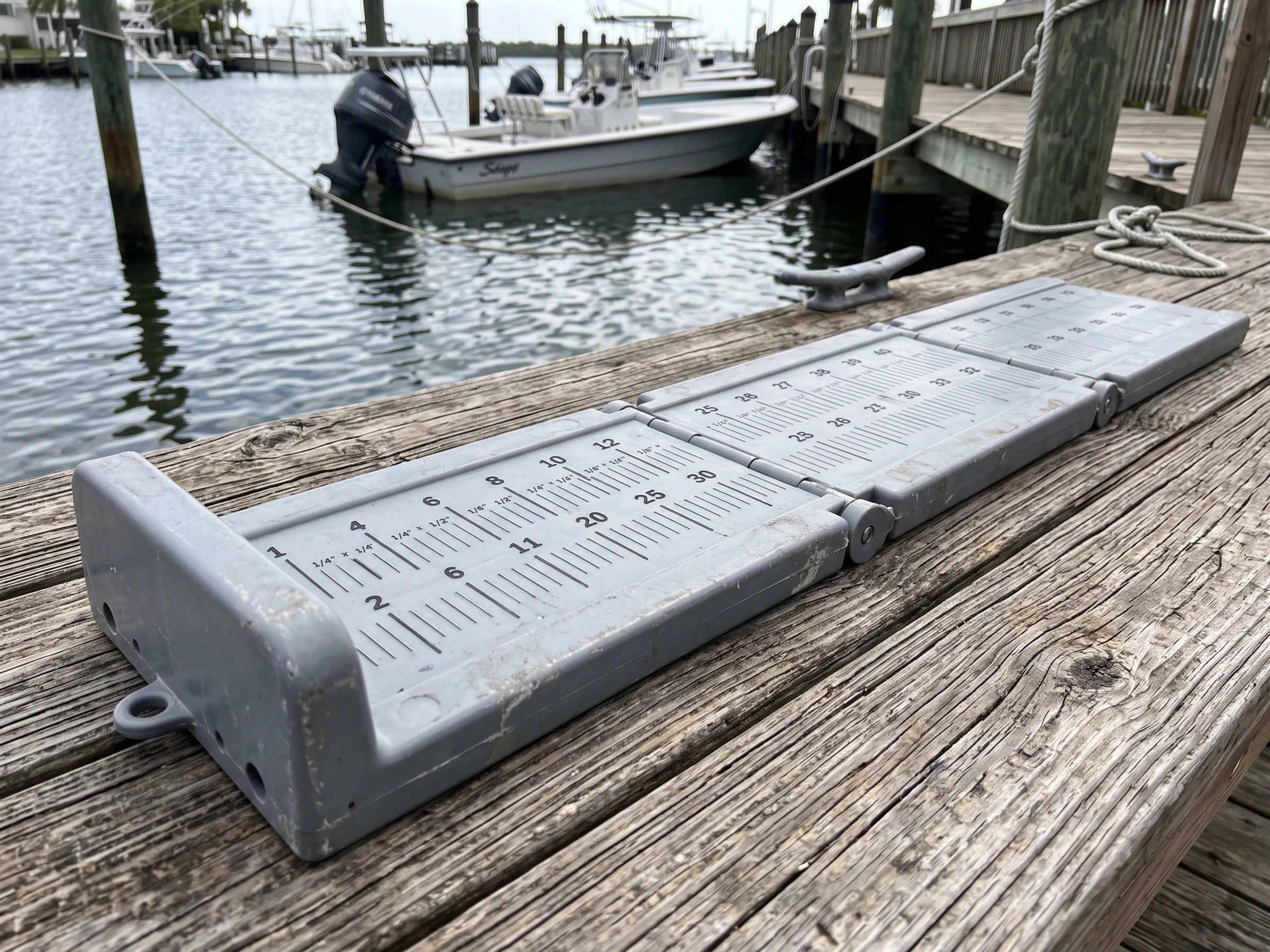 Fishing measuring device on a dock