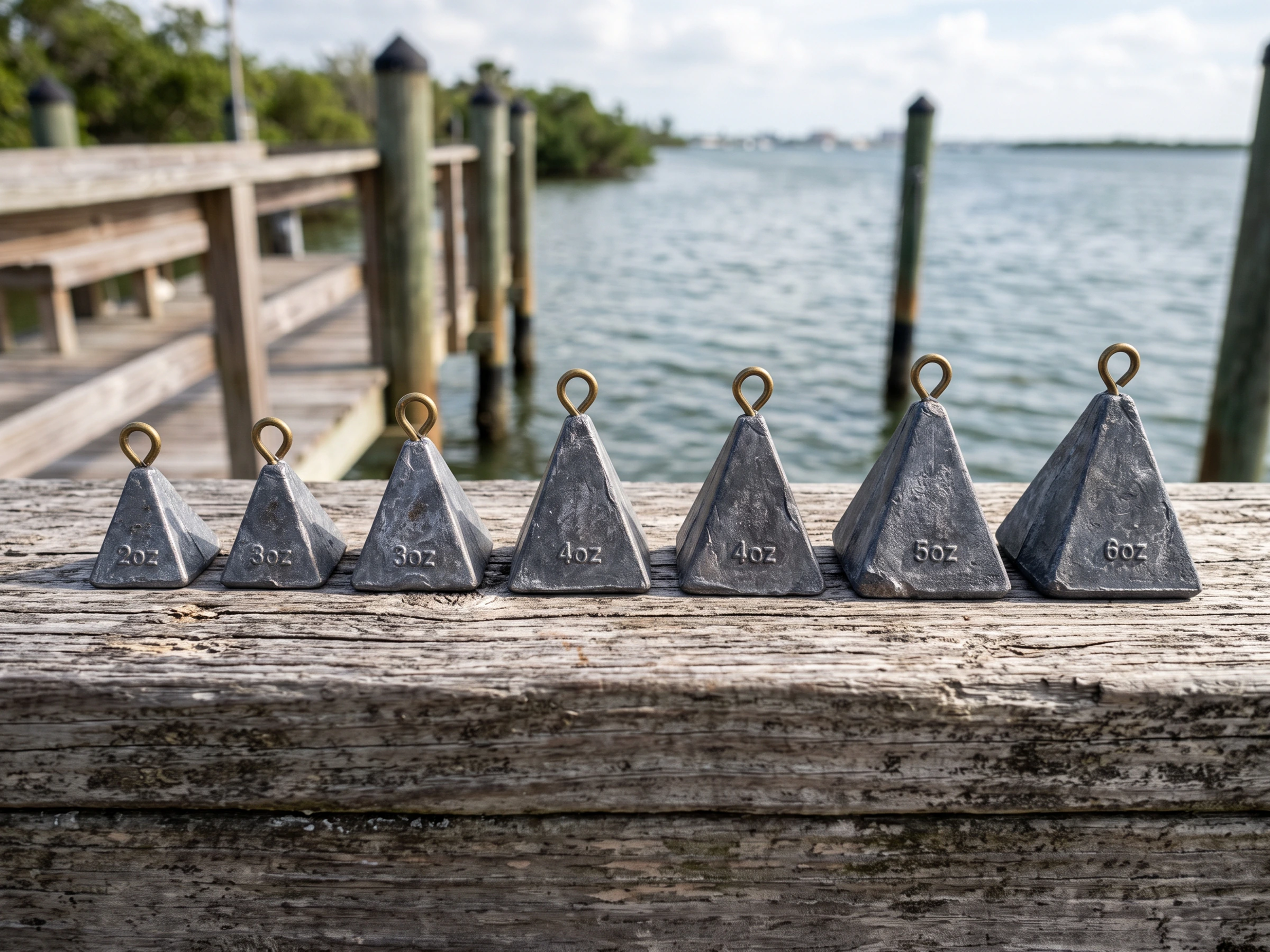 Pyramid sinkers on a dock