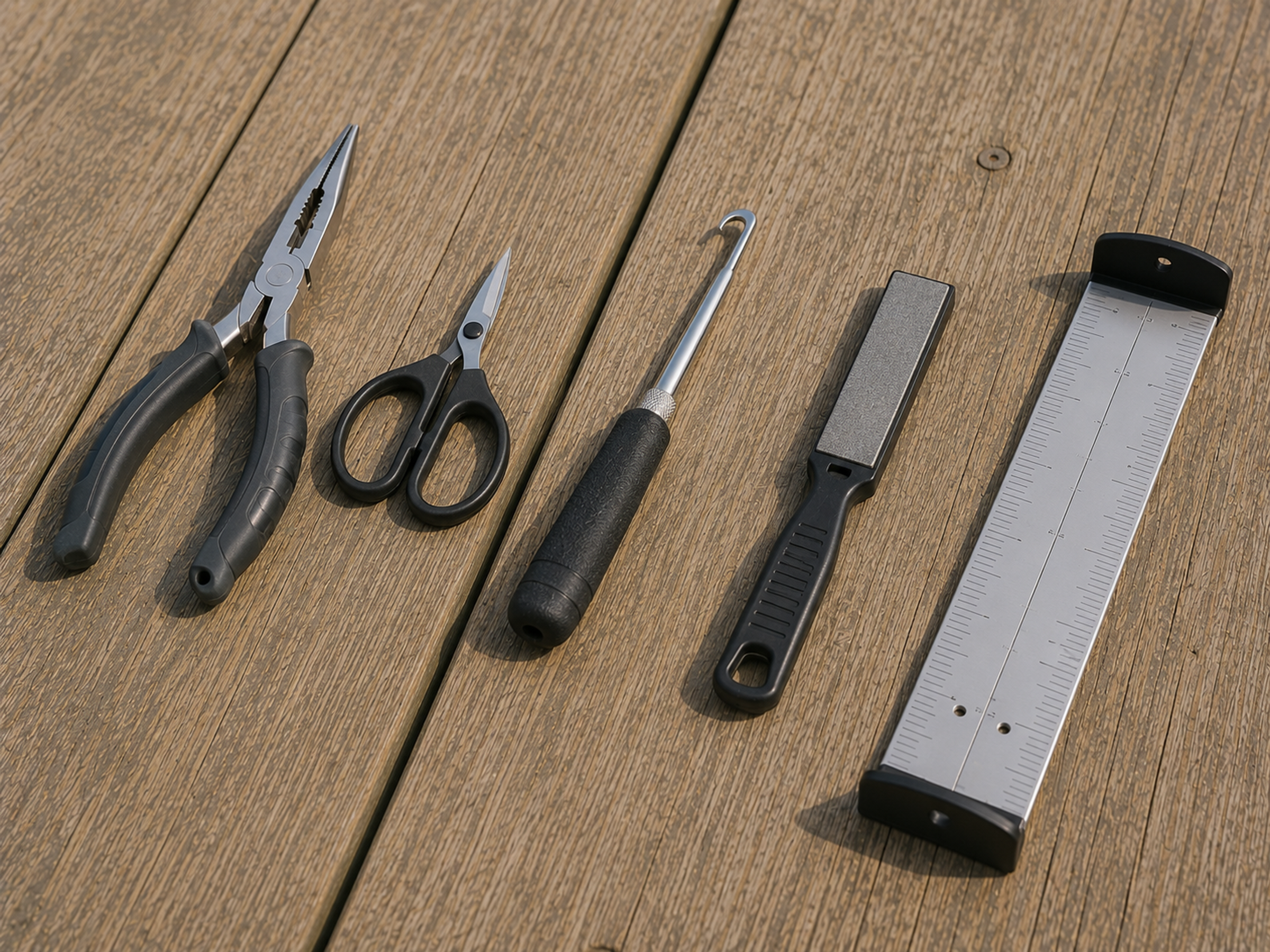 Fishing release and rigging tools on a dock