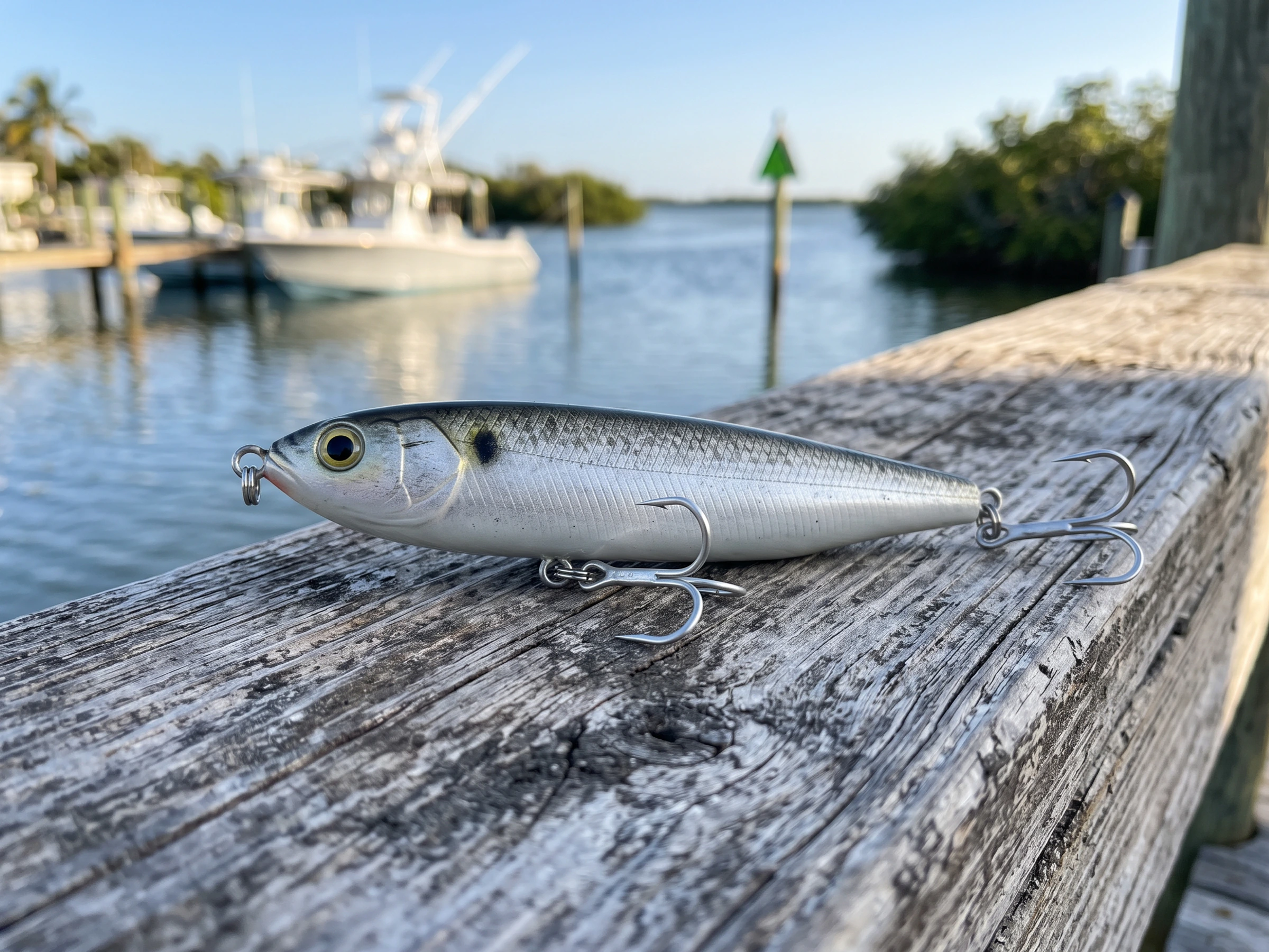 Saltwater topwater plug on a dock