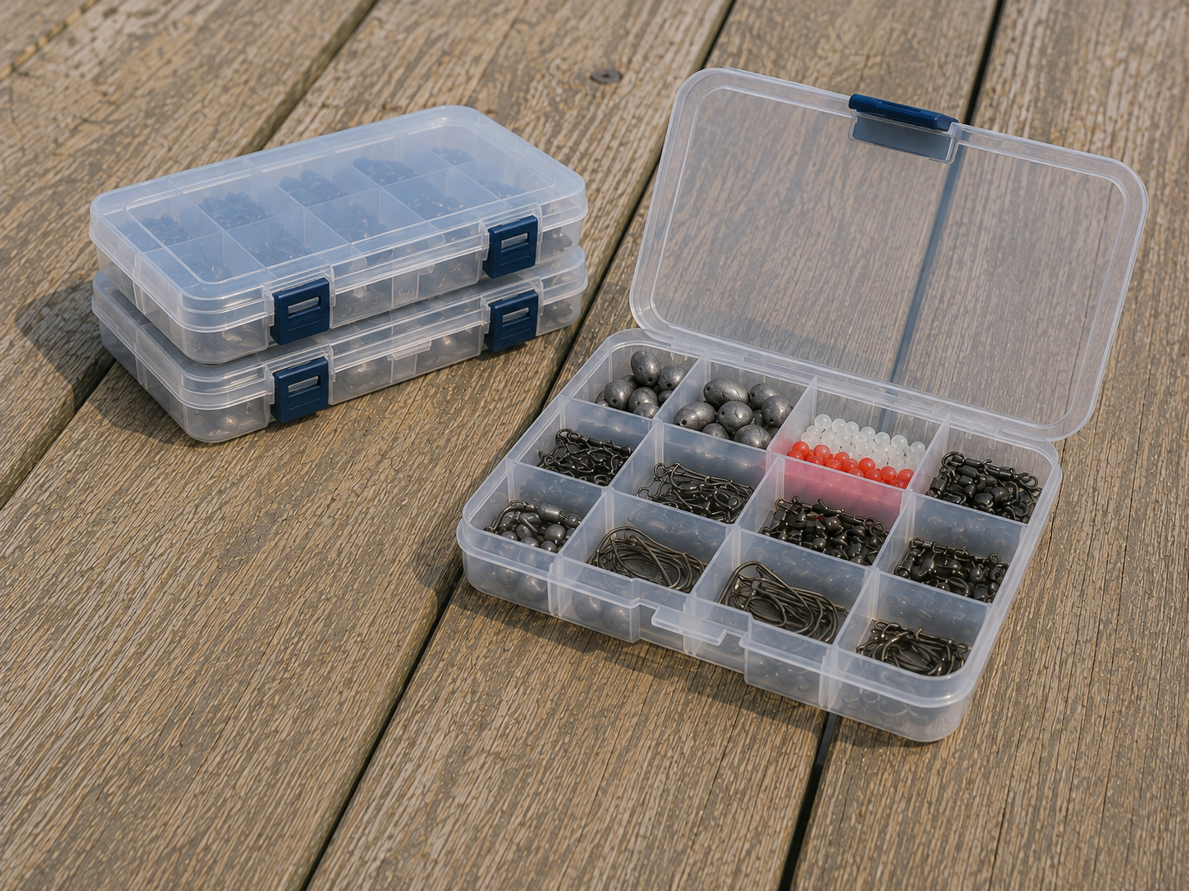 Small utility tackle trays on a dock
