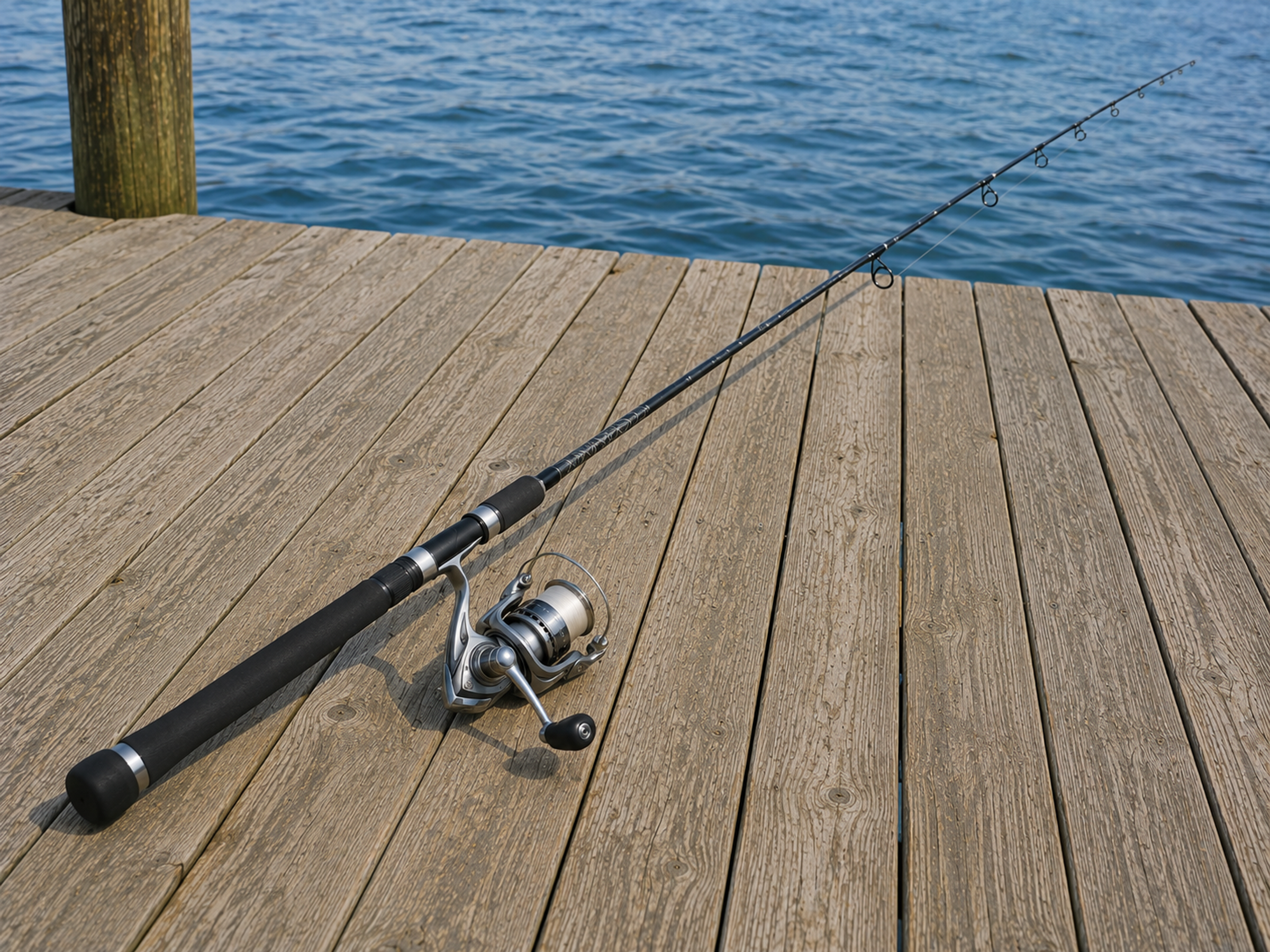 10-foot surf rod and reel on a dock