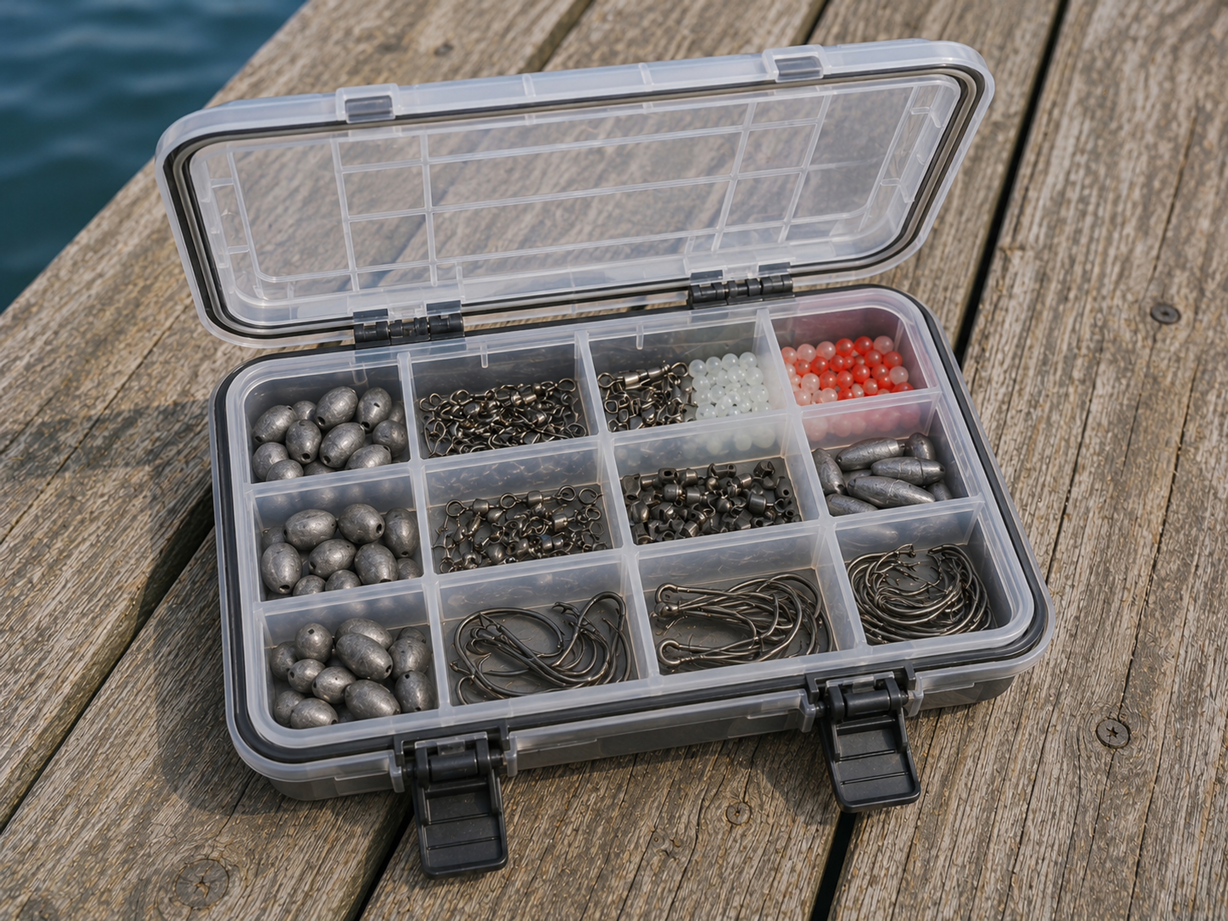 Open waterproof terminal-tackle box on a dock