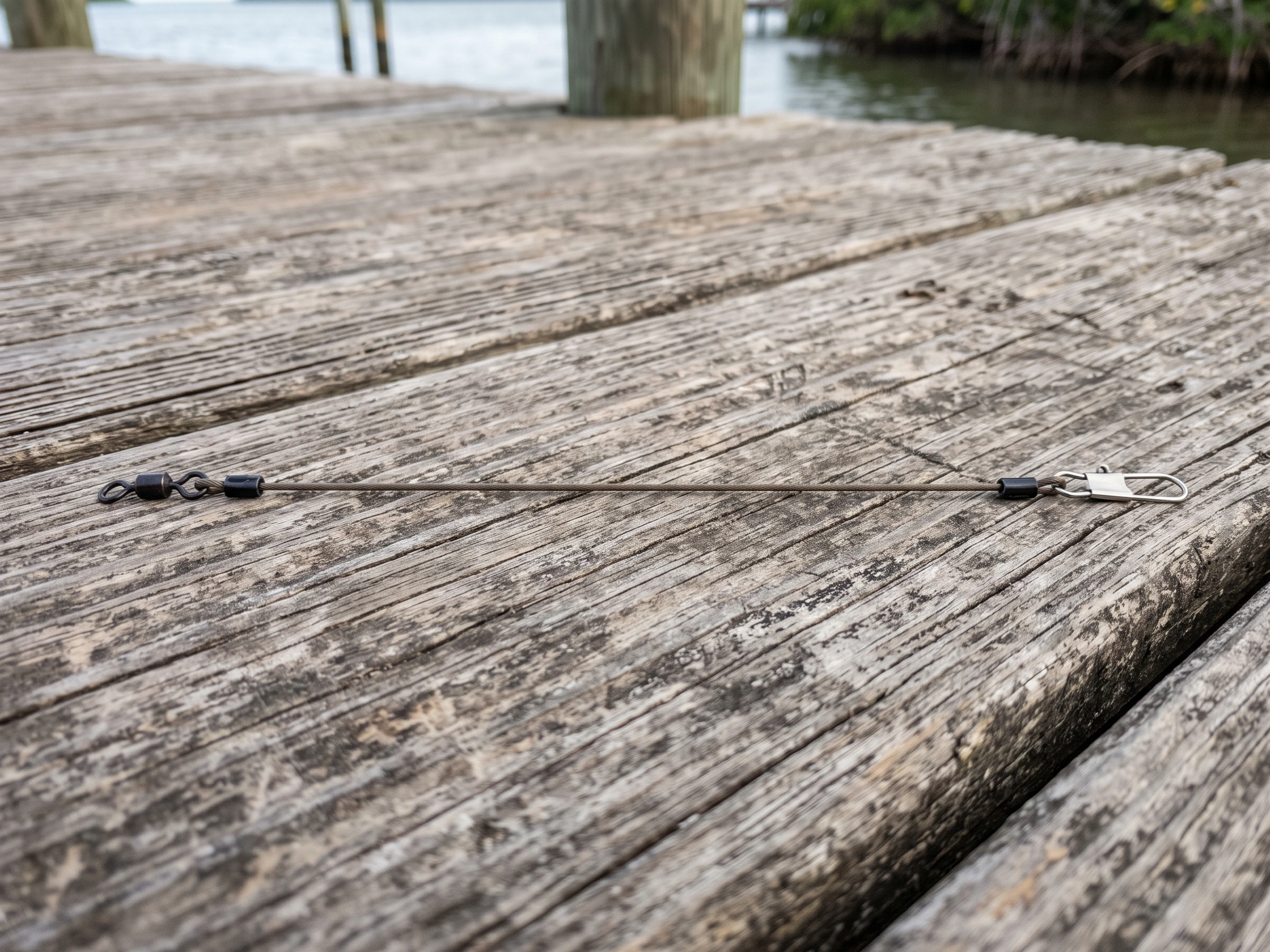 Short saltwater wire leader on a dock