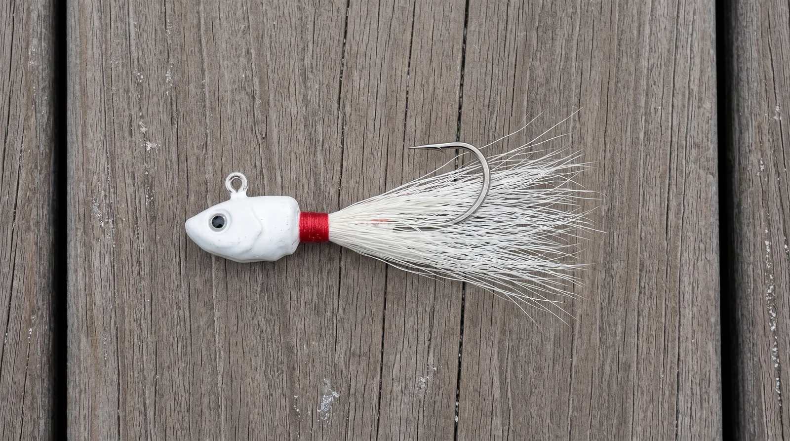 Bucktail Jig arranged on a dock for identification
