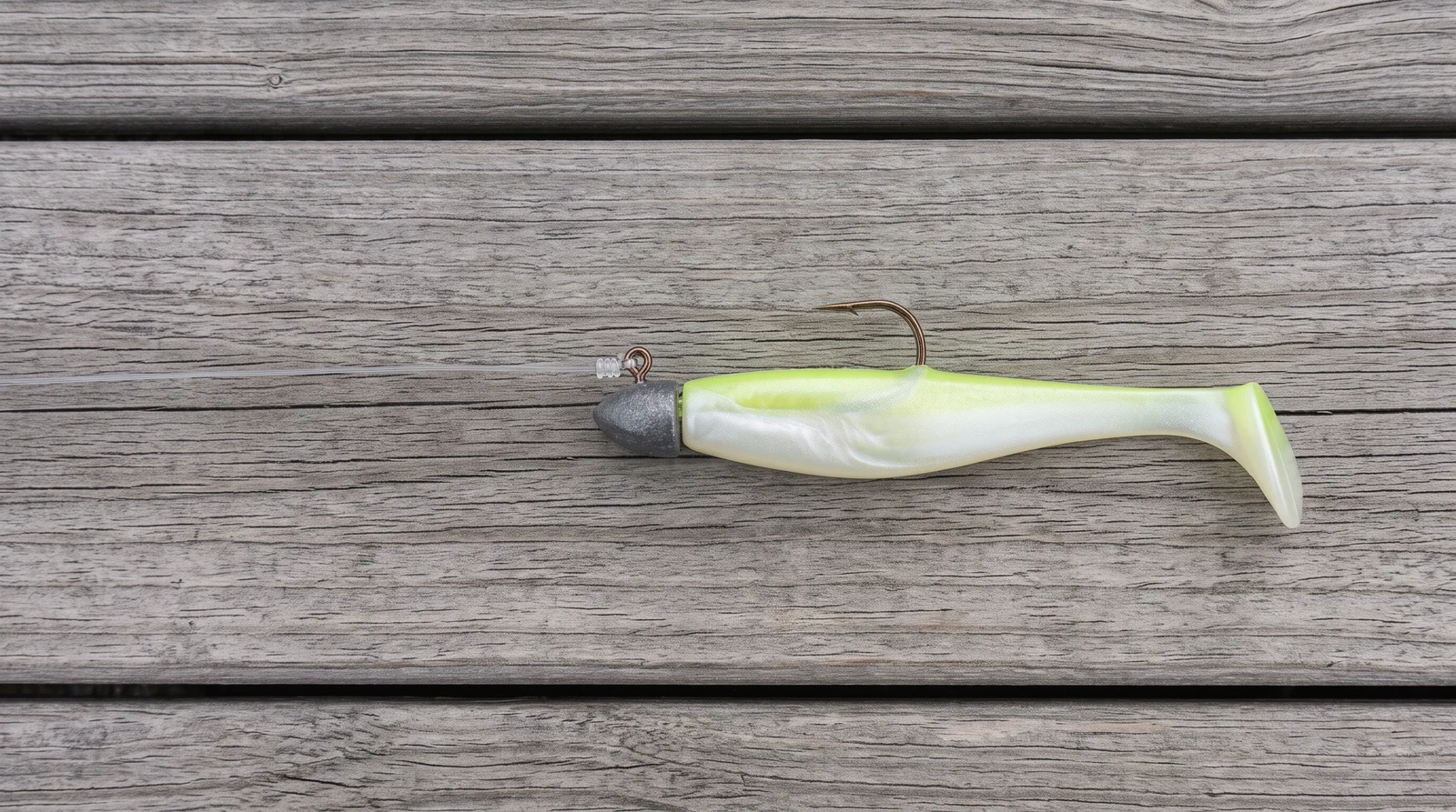 Jig Head + Soft Plastic arranged on a dock for identification